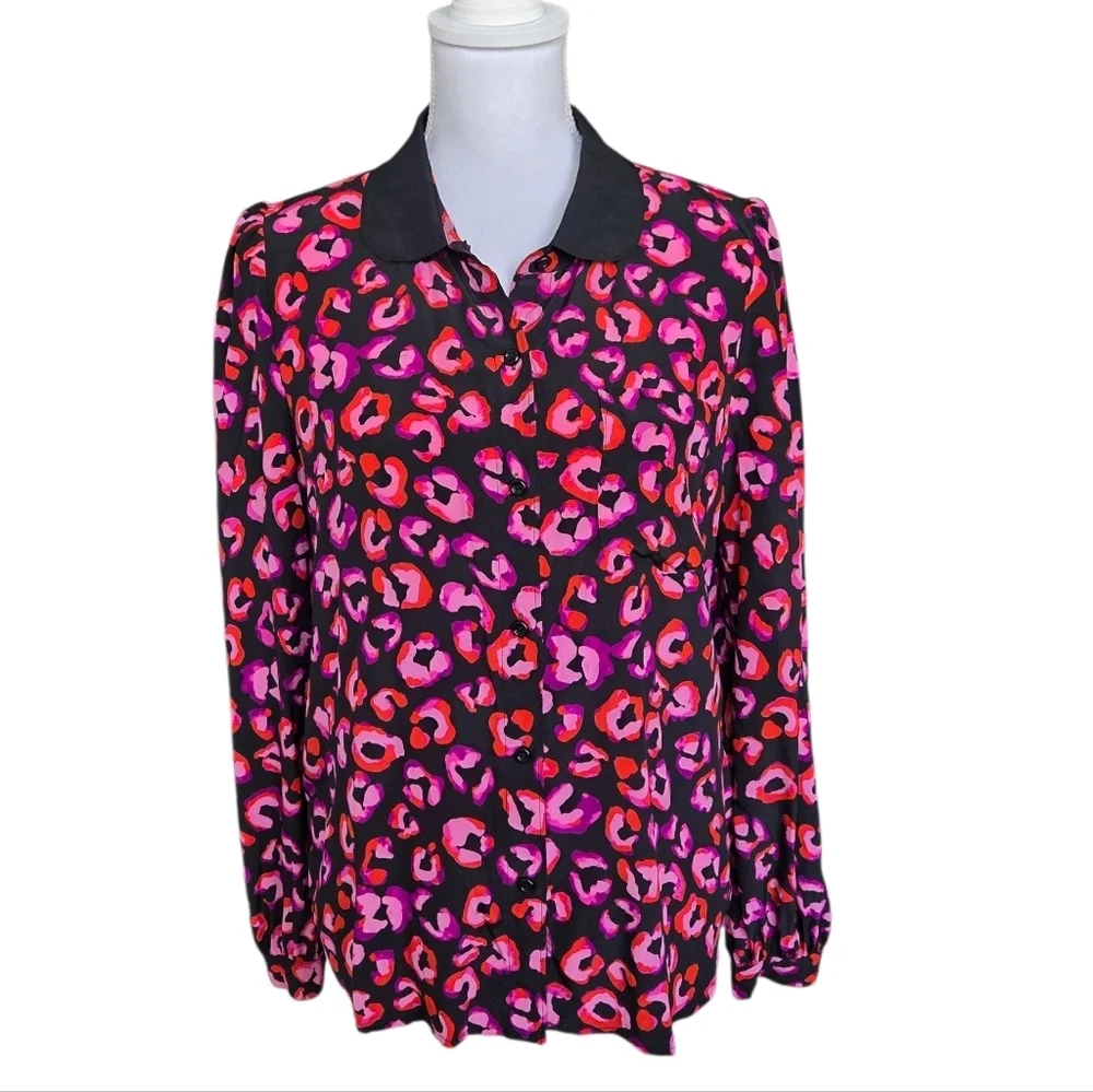 Kate Spade Silk Blouse Abstract Long Sleeve Button Down Shirt Pink Black Size 10